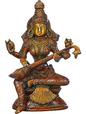 8" Goddess Saraswati Seated on Lotus In Brass | Handmade | Made In India