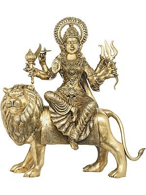 31" Tranquil Durga Rides Her Fierce Vahana In Brass | Handmade | Made In India