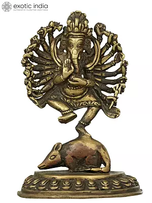 Eighteen-Armed Lord Ganesha Dancing on Rat | Nepalese Brass Statute