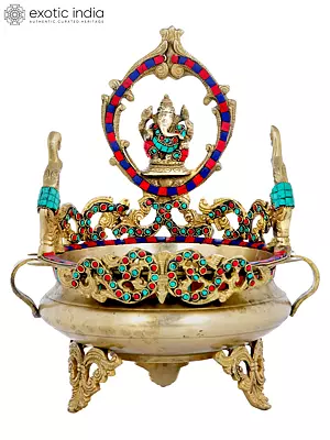 13" Lord Ganesha Urli in Brass With Inlay Work | Handmade | Made In India