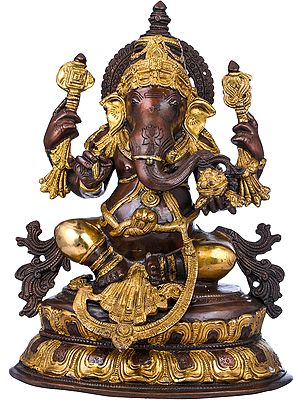 15" Ganesha Seated on Double Lotus In Brass | Handmade | Made In India