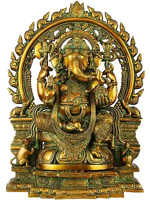18" Ganesha On A Lotus Throne, His Aureole Composed Of Marching Mice In Brass | Handmade | Made In India