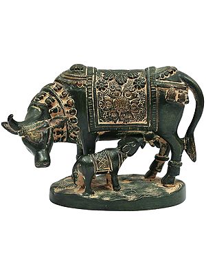 4" Mother Cow Statue with Calf In Brass | Handmade | Made In India