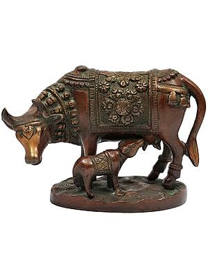 4" Mother Cow Statue with Calf In Brass | Handmade | Made In India