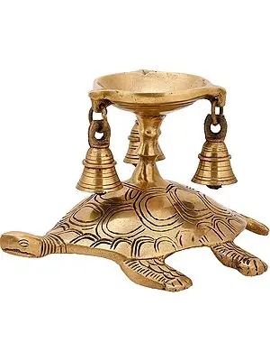 9" Brass Tortoise Oil Lamp with Hanging Bells | Handmade Brass Diya | Made in India