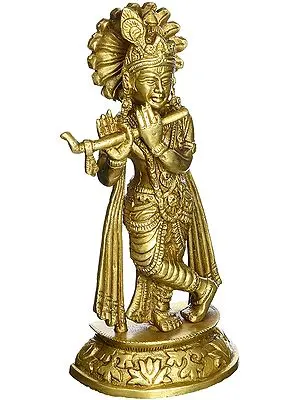 7" Lord Krishna Playing Flute In Brass | Handmade | Made In India