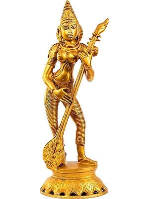 17" Vina-Vadini Goddess Saraswati In Brass | Handmade | Made In India