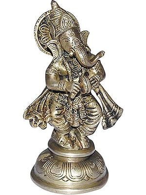 5" Lord Ganesha Statue Playing Manjira in Brass | Handmade | Made In India