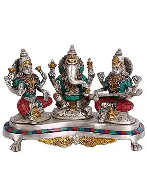 8" Lord Ganesha with Goddess Lakshmi and Saraswati In Brass | Handmade | Made In India