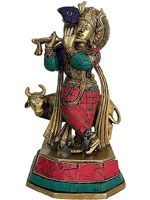10" Lord Krishna Statue with Cow in Brass | Handmade | Made in India