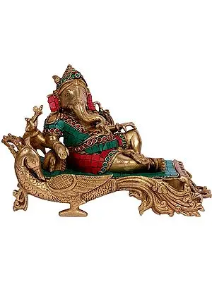 9" Lord Ganesha Resting on Peacock Chowki In Brass | Handmade | Made In India