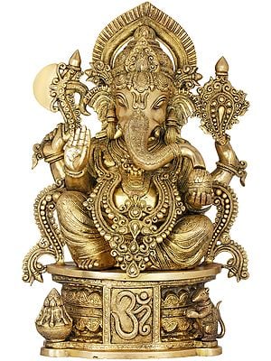 23" The Incomparable Beauty Of Ganesha, Seated On An AUM Pedestal In Brass | Handmade | Made In India