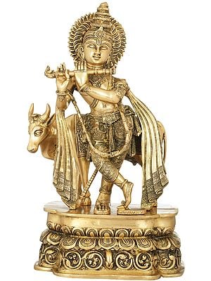 19" Tribhang Murari (Krishna) Plays While The Cow Listens In Brass | Handmade | Made In India