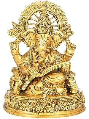 8" Lord Ganesha Scripting The Mahabharata In Brass | Handmade | Made In India