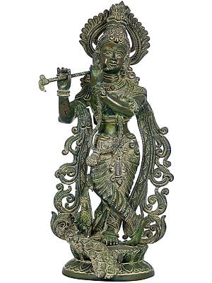 18" Fluting Krishna with Peacock In Brass | Handmade | Made In India