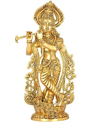 18" Fluting Krishna with Peacock In Brass | Handmade | Made In India
