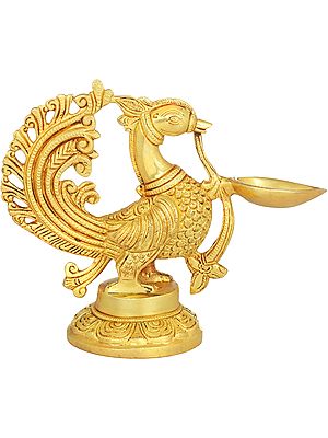 8" Peacock Puja Lamp In Brass | Handmade | Made In India