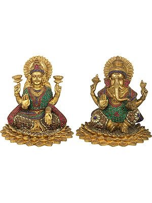 7" Lakshmi-Ganesha (Inlay Statues) In Brass | Handmade | Made In India