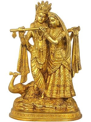10" Radha-Krishna with Peacock In Brass | Handmade | Made In India