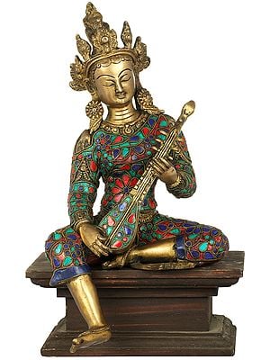 12" Goddess Saraswati Seated on Wooden Pedestal In Brass | Handmade | Made In India