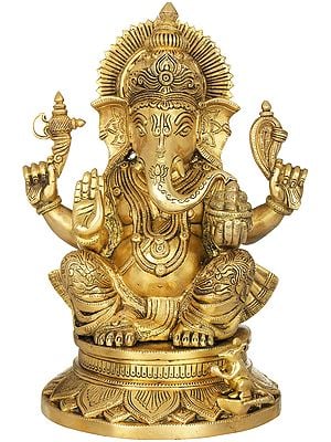 13" Chaturbhuja Ganesha Wearing a Carved Dhoti In Brass | Handmade | Made In India