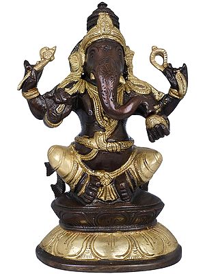 7" Ganesha Statue on Double Lotus Base In Brass | Handmade | Made In India