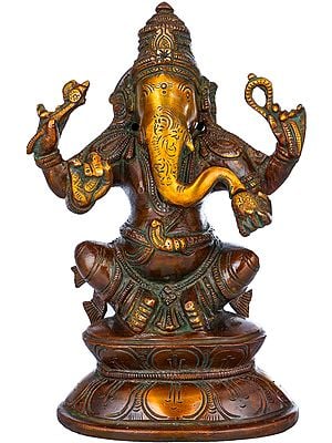 7" Ganesha on Double Lotus Base In Brass | Handmade | Made In India