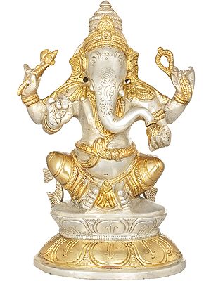 7" Ganesha Statue on Double Lotus Base In Brass | Handmade | Made In India