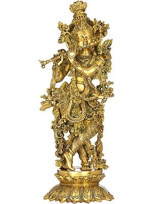 26" Nicely Adorned Krishna On Lotus Pdestal In Brass | Handmade | Made In India