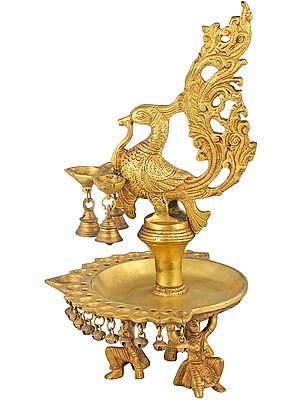 15" Twenty-Two Wicks Peacock Puja Lamp with Bells in Brass | Handmade | Made in India