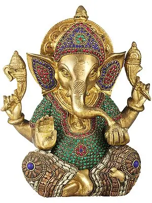 8" Crowned Inlay Ganesha In Brass | Handmade | Made In India