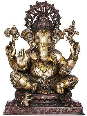 20" Lord Ganesha Wearing A Lotus Petals Crown In Brass | Handmade | Made In India