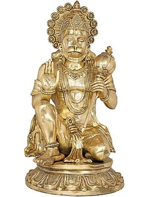 37" Large Seated Hanuman in Abhaya-mudra | Brass | Handmade | Made In India