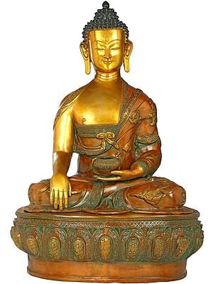 32" Tibetan Buddhist Lord Buddha in Bhumisparsha Mudra Wearing a Robe Carved With Auspicious Symbols - Large Size In Brass | Handmade | Made In India