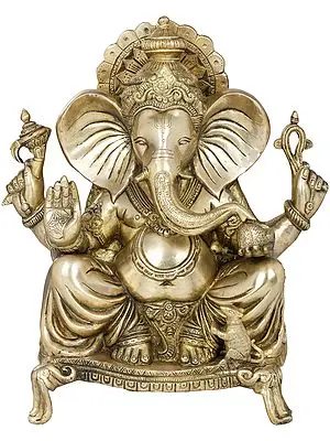 16" Blessing Ganesha With Large Ears Seated On a Chowki In Brass | Handmade | Made In India