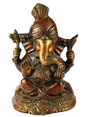 6" Lord Ganesha Wearing a Turban | Handmade Brass Idols | Made In India