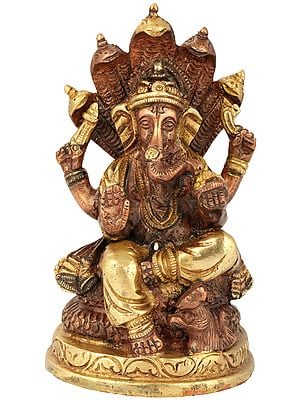 5" Ganesha Small Sculpture Seated on Shesha Naga in Brass | Handmade | Made in India
