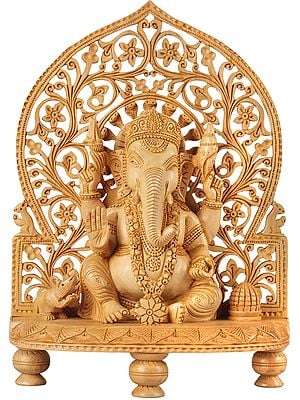 Blessing Ganesha Seated on Chowki With Floral Aureole