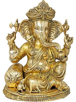 22" Chaturbhuja Relaxing Ganesha Idol Seated on a Chowki with Cushion | Handmade Brass Statue
