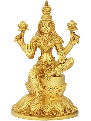 9" Chaturbhujadharini Devi Lakshmi on Giant Lotus | Handmade Brass Statue