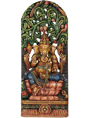 Lotus Seated Blessing Ganesha With Floral Aureole - Large Size