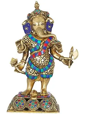 12" Standing Inlay Ganesha In Brass | Handmade | Made In India