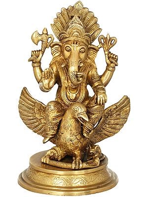 10" Ganesha Statue Riding on Garuda | Handmade Brass Figurines | Made in India