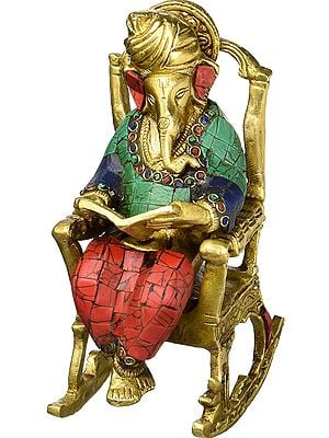 7" Lord Ganesha Reading Book on Rocking Chair In Brass | Handmade | Made In India