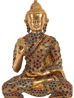 11" Lord Buddha Brass Idol in Abhaya Mudra with Inlay work | Made in India