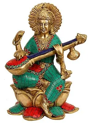 10" Goddess Saraswati Idol Seated on Lotus and Playing Veena in Brass | Handmade | Made in India