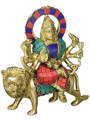 6" Mother Durga Sitting on Tiger (Inlay Statue) In Brass | Handmade | Made In India