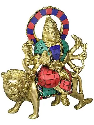 6" Mother Durga Sitting on Tiger Inlay Statue in Brass | Handmade | Made in India
