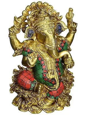 7" Lord Ganesh Sitting on Lotus with Inlay In Brass | Handmade | Made In India