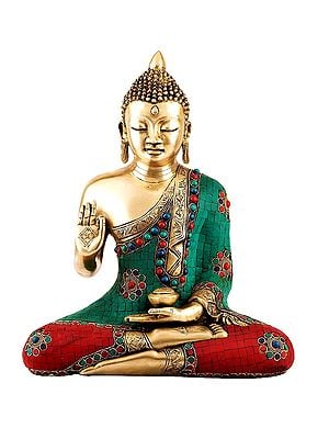 15" Tibetan Blessing Buddha with Inlay In Brass | Handmade | Made In India